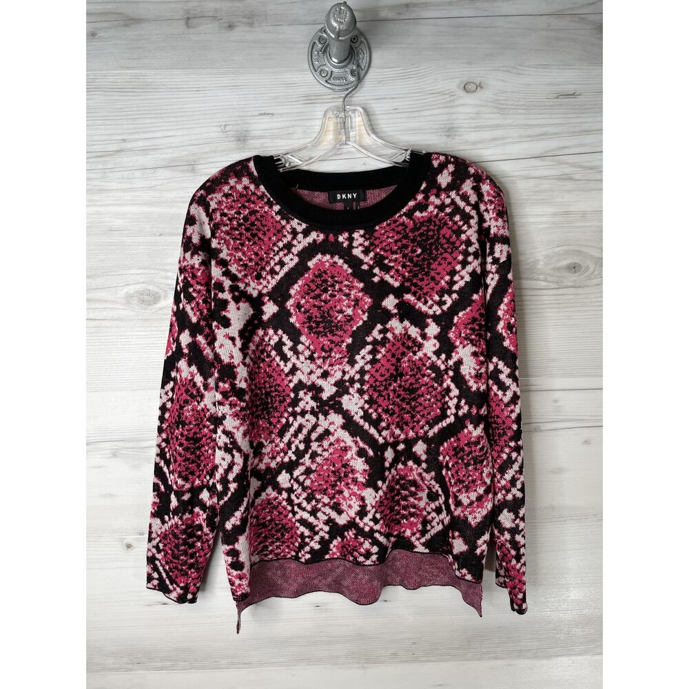 DKNY Sweater Womens Small Pink Black Snake Print Crewneck Long Sleeve Knit‎